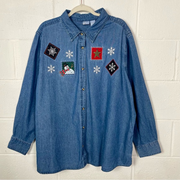 Holiday Editions Tops - Holiday Editions Winter Denim‎ Shirt Snowmen Snowflakes Grannycore Oversized 2X